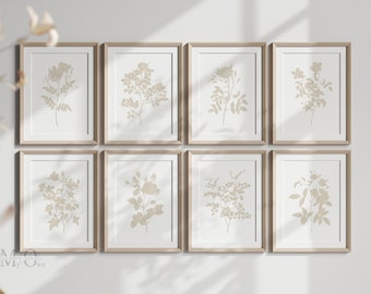 Beige Flower Print Set of 8, Botanical Gallery Wall Set, Neutral Floral Wall Art, Farmhouse Gallery Wall