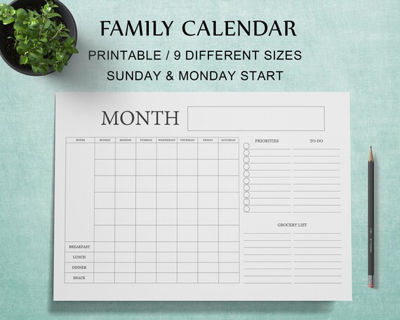 Family Calendar Printable, Family Chore Chart, Family Planner Wall Calendar,  Family Weekly Planner, Family Activities - Etsy