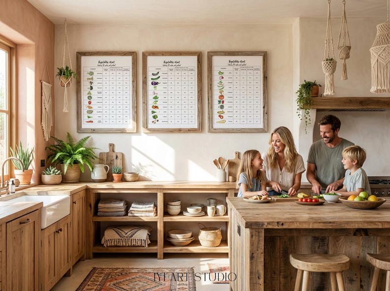 Puede incluir: Una c&aacute;lida y acogedora escena de cocina con una familia preparando comida. Tres impresiones enmarcadas de "Tabla de verduras" cuelgan de la pared. La cocina cuenta con gabinetes de madera, un fregadero de granja y varias plantas. Una familia de cuatro se re&uacute;ne alrededor de una isla de madera.