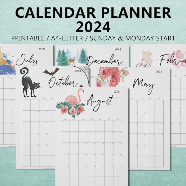 2024 Printable Calendar, Monthly Calendar 2024 Printable, 2024 Vertical Calendar, 2024 Calendar Planner