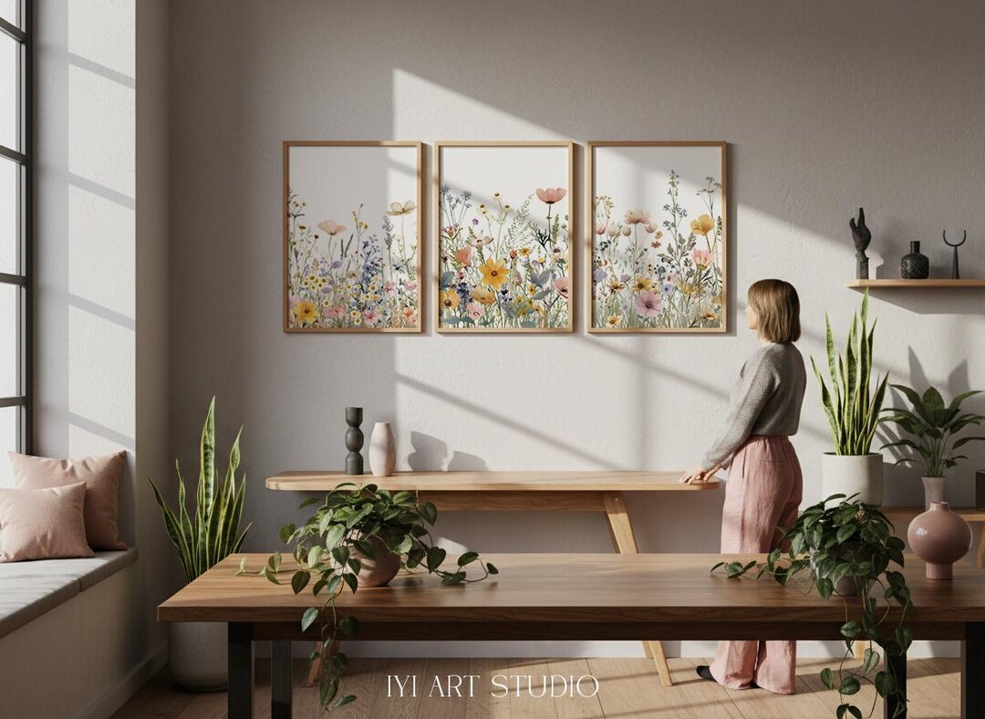 Yellow Pink Wildflower Print Set of 3: Watercolor Floral Poster ...