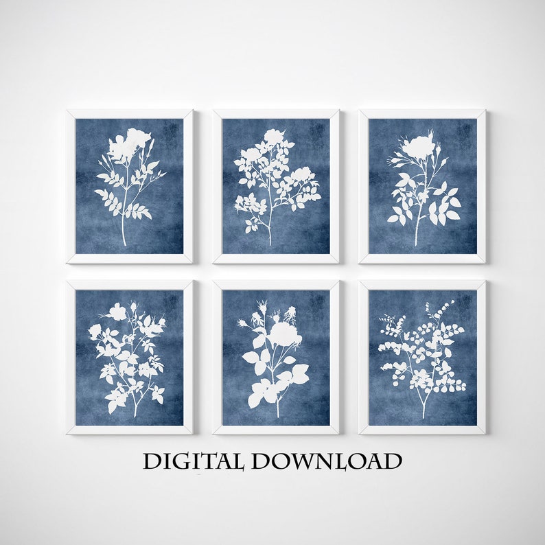 Navy Blue Flowers Wall Art Living Room Print Set of 6 Navy Etsy