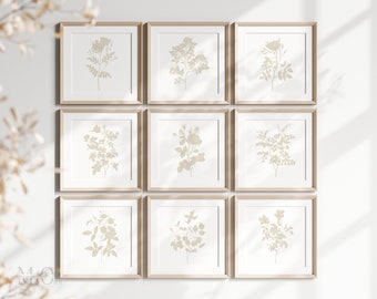 Minimalist Floral Prints, Beige Square Wall Art Set of 9, Minimalist Botanical Poster, Floral Gallery Wall Art Neutral