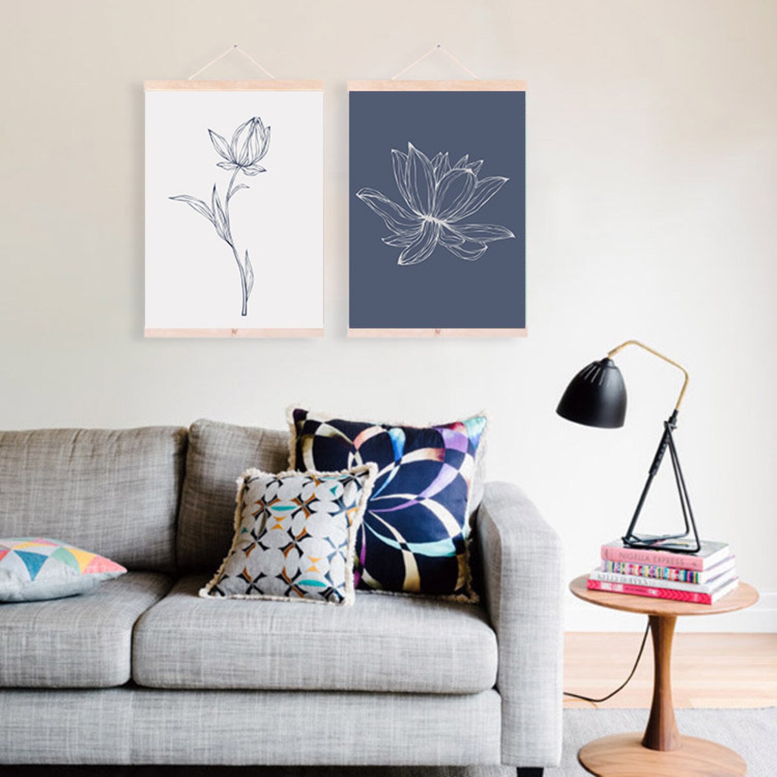 Blue White Wall Art Print Set of 2 Minimalist Flowers Line Etsy