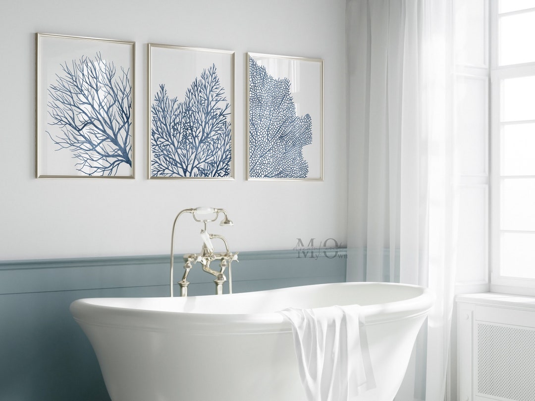 Blue Coral Wall Art, Coastal Print Set of 3, Bathroom Wall Decor, Blue Nautical Art Prints ...