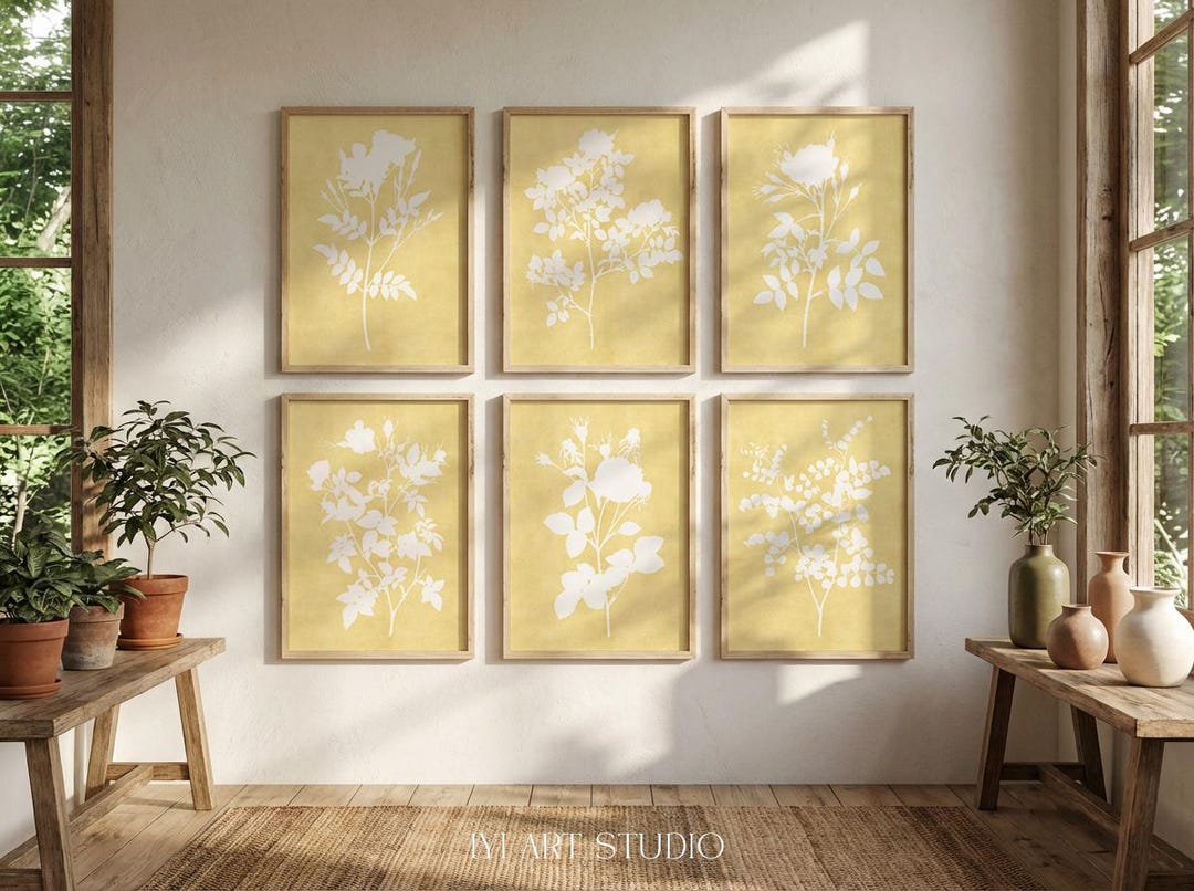 Yellow Botanical Wall Art Printable: Set of 6 Floral Prints for Living ...