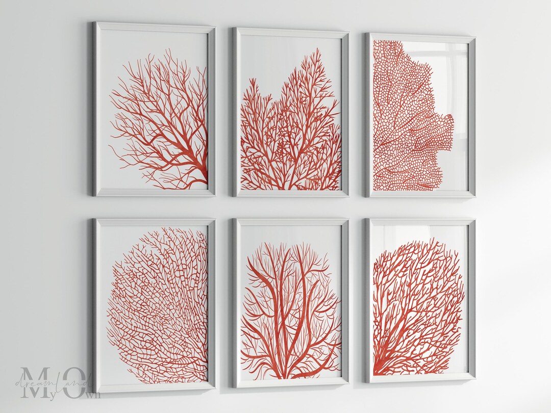 Coral Color Wall Art, Bathroom Wall Decor, Coral Poster Set of 6, Beach ...