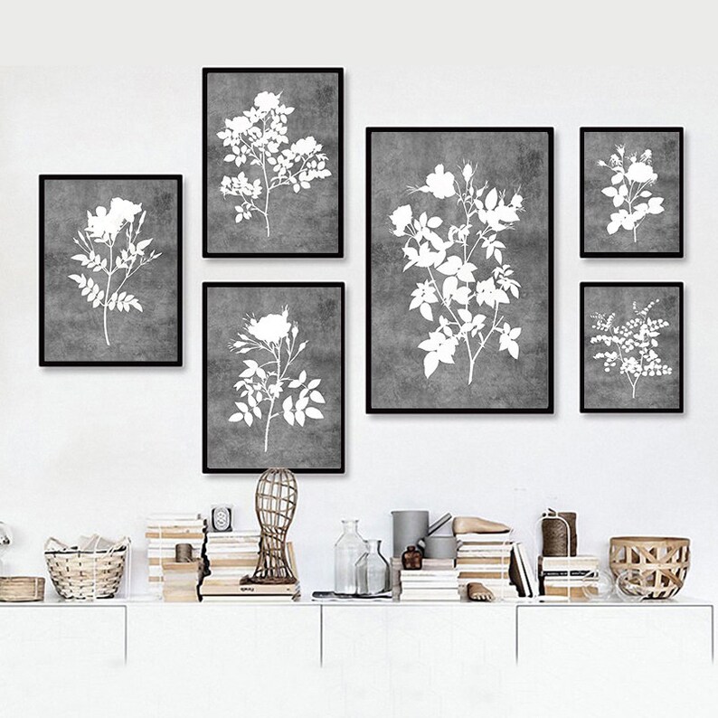 Dark Gray Wall Art Print Flowers Printable Set of 6 Gray Etsy