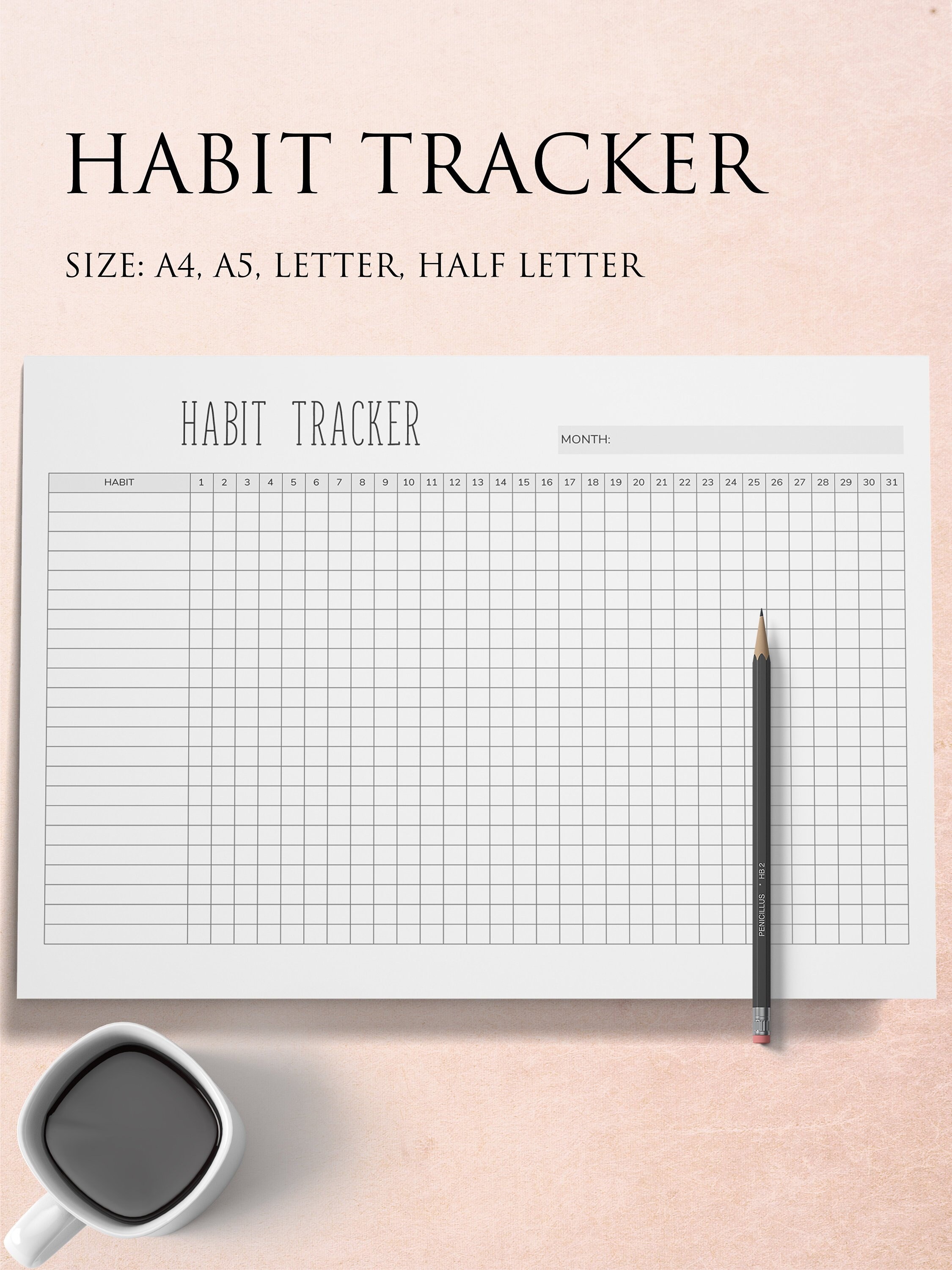 A4 Half Letter Sizes US Letter A5 Printable Minimalist Habit Tracker