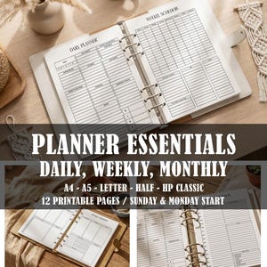 Könnte beinhalten: Ein Ringbuch-Planer mit weißen Seiten, schwarzem Text und Rasterlayouts für die tägliche und wöchentliche Planung. Die Seiten enthalten Abschnitte für Termine, Aufgaben, Gesundheit und Gewohnheiten. Der Text lautet PLANNER ESSENTIALS DAILY, WEEKLY, MONTHLY.