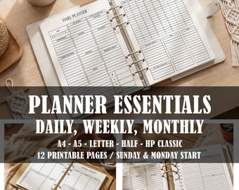May include: A ring-bound planner with white pages featuring black printed text and grid layouts for daily and weekly scheduling. The pages include sections for appointments, tasks, health, and habits. The text reads PLANNER ESSENTIALS DAILY, WEEKLY, MONTHLY.