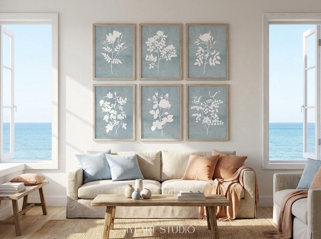 Blue Watercolor Flower Wall Art Set of 6: Minimalist Botanical Prints ...