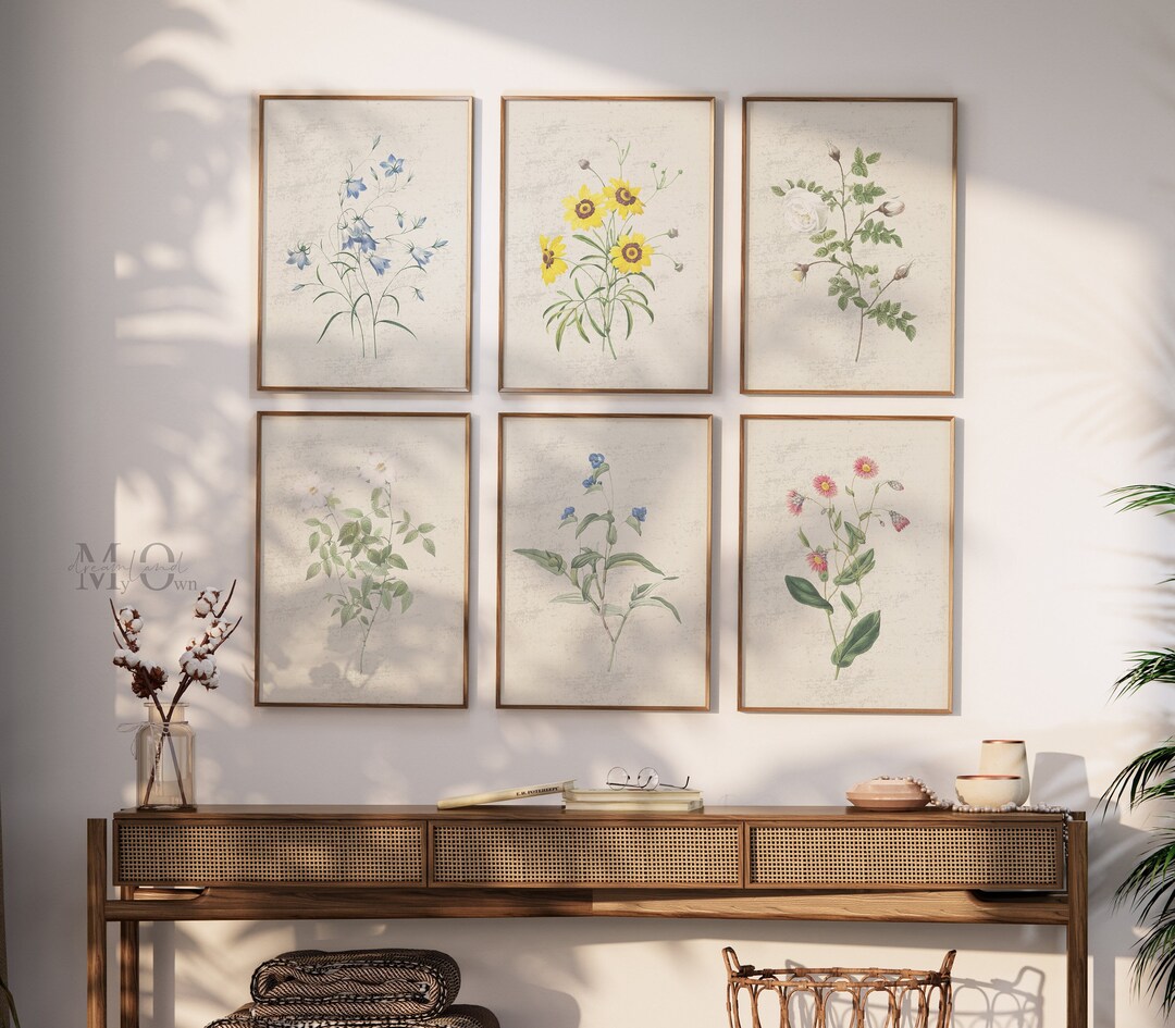 Rustic Wildflower Print Set of 6, Farmhouse Home Wall Decor, Antique