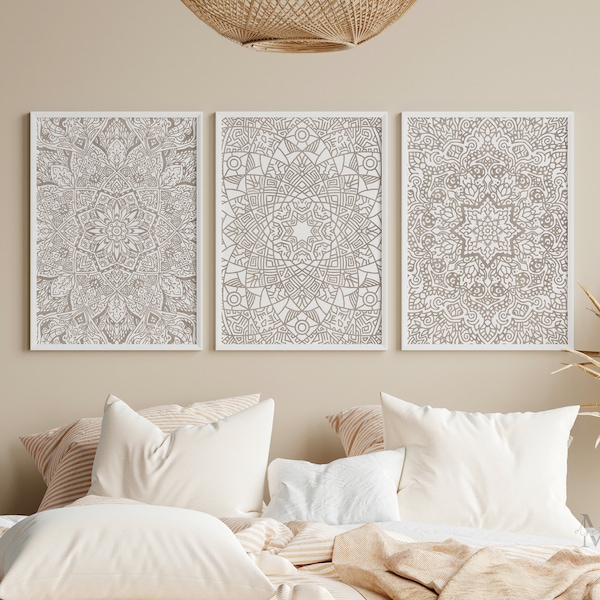 Boho druckbares 3er-Set, Neutral Mandala Wandkunst, Beige Boho Home Art Poster