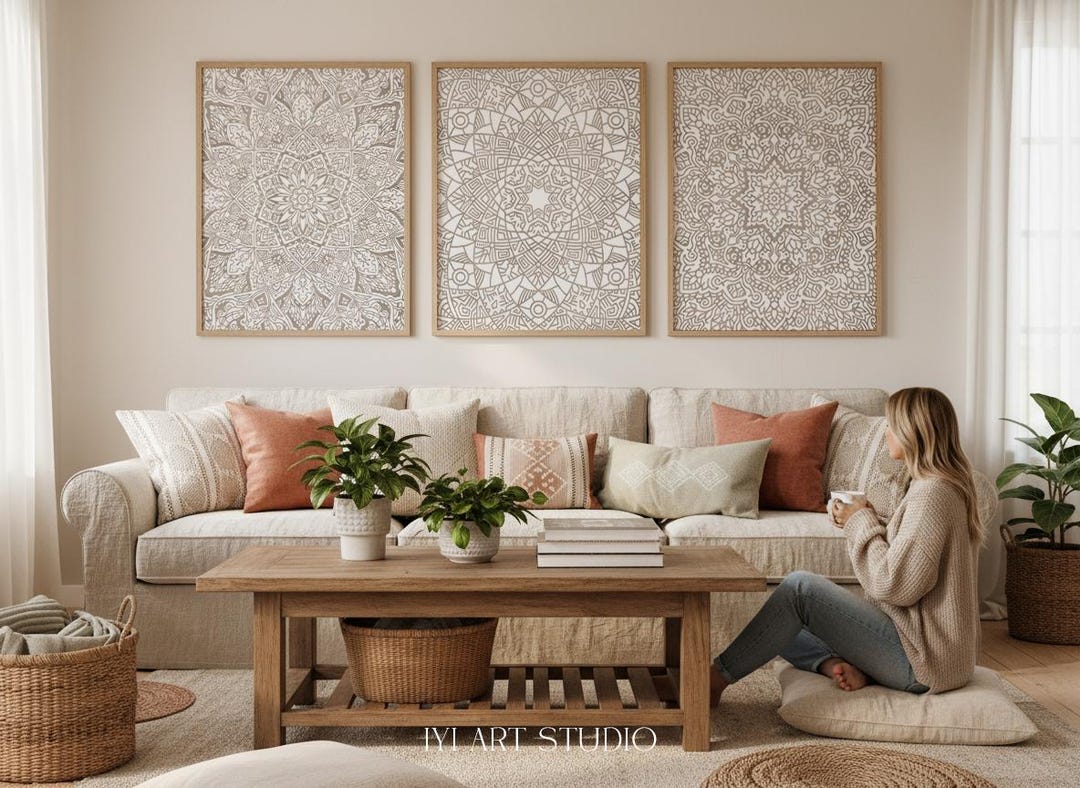 Beige Mandala Wall Art Set of 3: Neutral Boho Prints, Spiritual Home ...