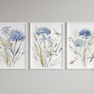 Hydrangea Print Set of 3, Blue Botanical Artwork, Watercolor Poster Printable, Blue Flower Wall Art