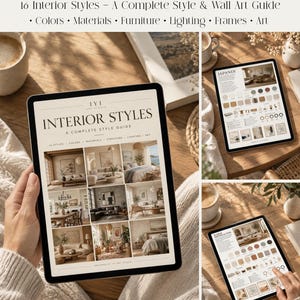 May include: A digital interior design guide displayed on a tablet screen, titled Interior Styles: A Complete Style Guide. The guide features a grid of nine interior room photographs, with additional pages showing Japandi and Warm Minimalism themes.