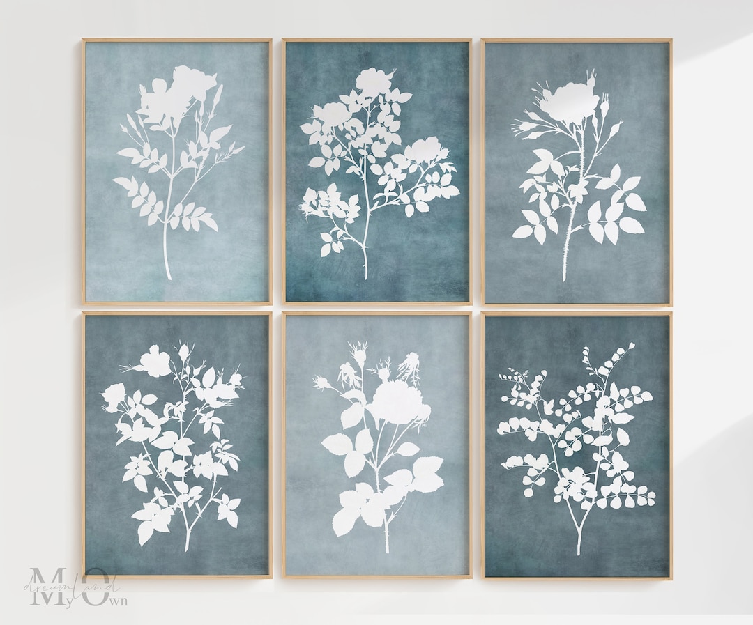 Blue Floral Art Prints, Botanical Print Set of 6, Blue Flower Poster