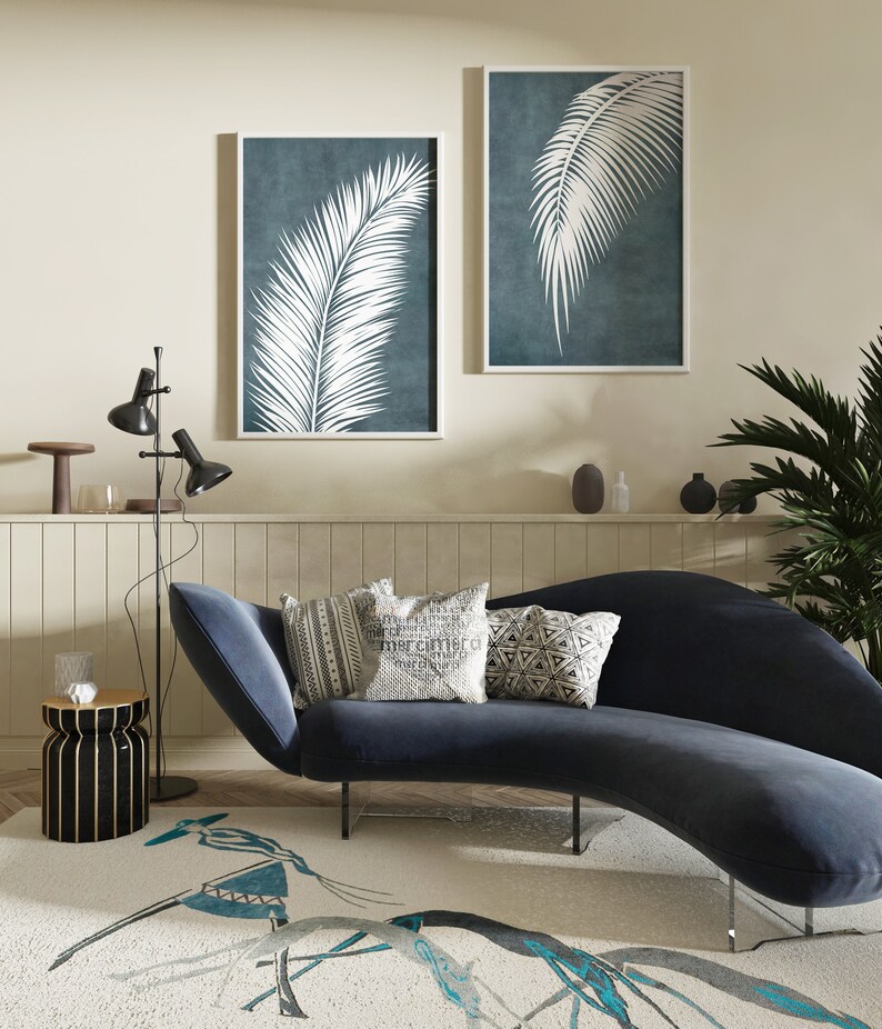 Blue Palm Leaf Wall Art Print Set of 2 Tropical Wall Art Etsy