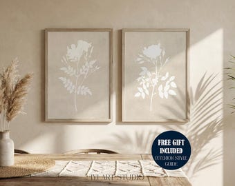 Neutral Beige Botanical Prints, Japandi Floral Wall Art Set of 2, Modern Farmhouse Decor
