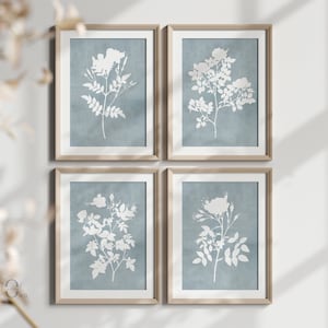 Botanical Wall Art Decor Blue, Minimalist Floral Poster, Botanical Print Set of 4, Light Blue Floral Prints, Instant Download