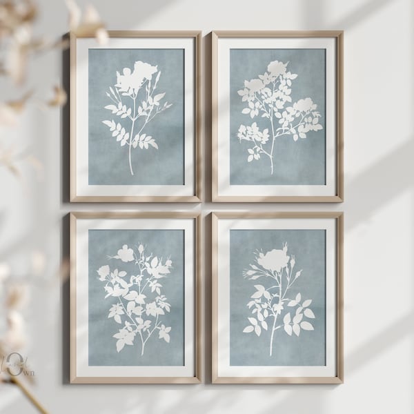 Botanical Wall Art Decor Blue, Minimalist Floral Poster, Botanical Print Set of 4, Blue Floral Prints