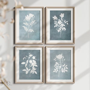 Set of 4 Botanical Print, Watercolor Floral Poster, Blue Flower Wall Art, Modern Home Artwork