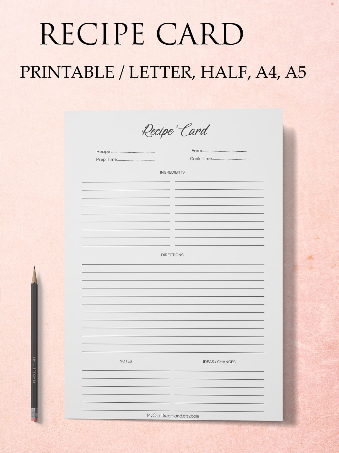 Recipe Card Printable Meal Plan Recipe Page Instant - Etsy