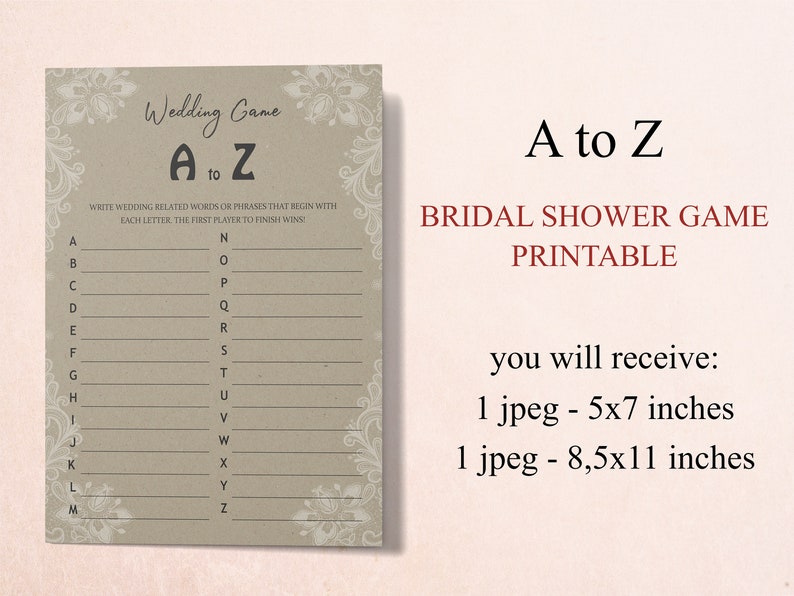 Wedding A-Z Game Printable Bridal Shower Games Bachelorette - Etsy