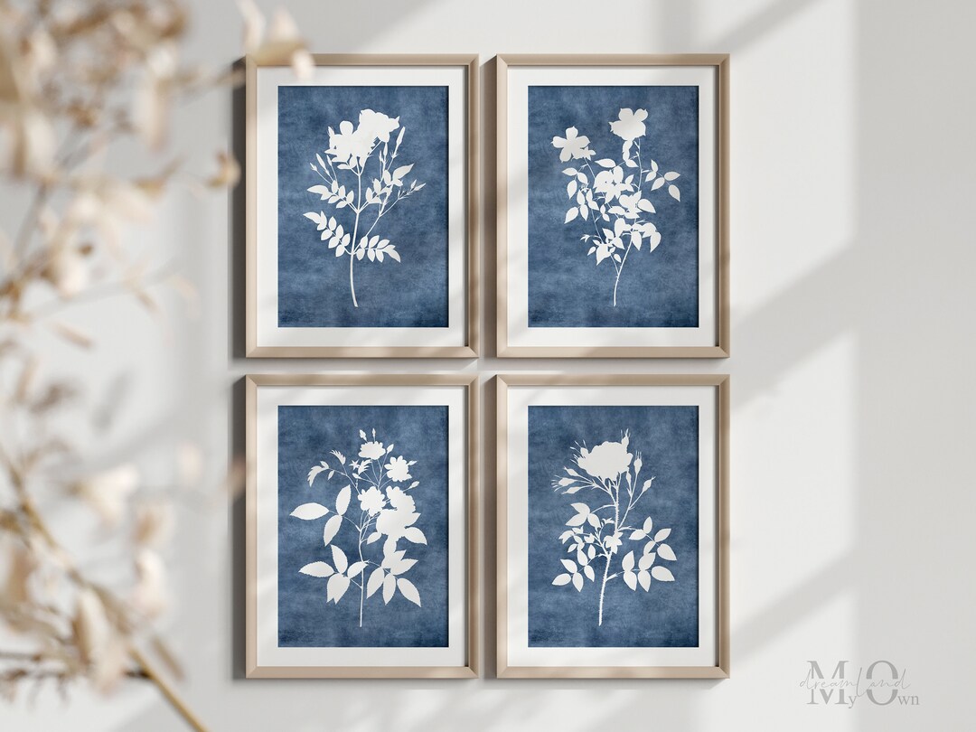 Navy Blue Botanical Wall Art Decor, Floral Printable Set of 4