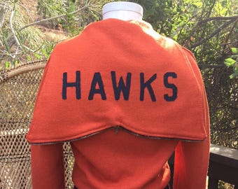1950's Letterman Jacket With Zip Shall Logo Hood. Rust Orange & Black Sized Medium
