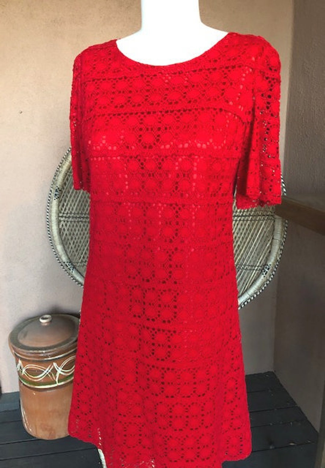 1960s/1970s Red Crochet Shift Dress 1960s/1970s Red Crochet Shift Dress