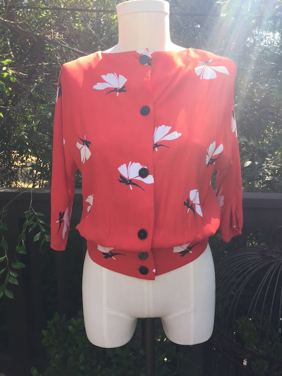 1980's Red Printed Blouse