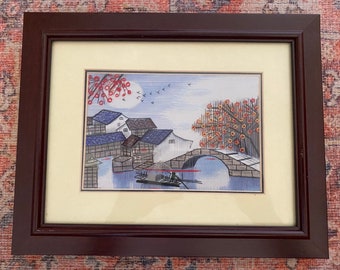 Framed embroidered landscape