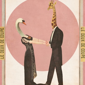 10 Postkarten: Farbe + Papier original Collage “The Curious Mating Habits of Long Necked Creatures”