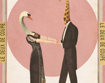 10 Postcards: Color + Paper original collage “The Curious Mating Habits of Long Necked Creatures”