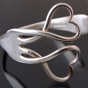 Pulsera de tenedor de doble corazón bañada en plata vintage, joyería de cubertería hecha a mano, regalo