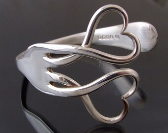 Vintage Silver Plated double heart Fork Bracelet Bangle Handmade cutlery jewellery