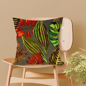 Autumn Leaf Orange & Green Velvet Cushion. Square or oblong handmade luxurious throw cushion with inner, for Living Room/Bedroom Décor