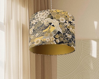 Japanese Crane black and gold Lampshade, handmade fabric drum shade only, suitable for ceiling or lamp, bedside table or living room