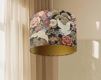 Floral Japanese Crane black and gold Lampshade, handmade fabric drum shade only, suitable for ceiling or lamp, bedside table or living room