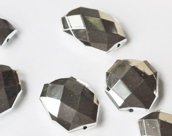 Metallic Silver, Faceted Acrylic Beads, Chunky Beads, 34x24mm, Acrylic Flat Polygon, Nugget Beads, 10 Pcs, Fast Shipping from USA