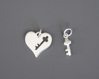 Sterling Silver Heart and Key Charms, Heart Charm, Mother Child, Mother Daughter, Lovers, Fast Shipping from USA