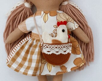 Handmade fabric doll with chicken, rag doll, heirloom doll, unique doll, stuffie, softie, plushie, handmade toy, gift.