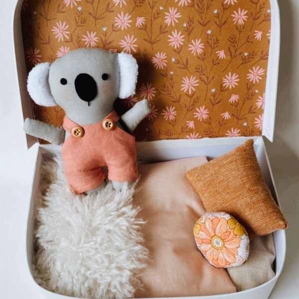 Baby Koala doll suitcase bed doll house, caramel and pink colour quality fabrics in white suitcase.