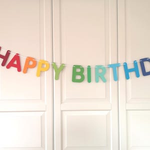 May include: A colorful "HAPPY BIRTHDAY" banner strung across a white string. The letters are in rainbow colors, with red, orange, yellow, green, blue, and purple hues. The banner is hanging against a white background.