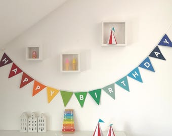 Happy Birthday pennant banner, solid burgundy to blue