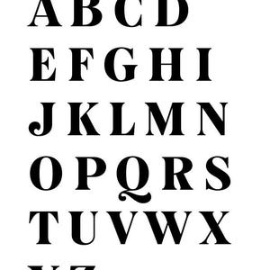 May include: A black serif font alphabet, from A to Z, is displayed on a white background. The letters are arranged in rows, with each row containing a sequence of letters. The font is bold and clear.