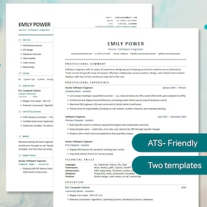 Pacchetto di modelli per curriculum tecnico / Curriculum vitae e lettera di presentazione per ingegnere del software / Word e Google Docs / Moderno e compatibile con i sistemi ATS / CV per sviluppatori