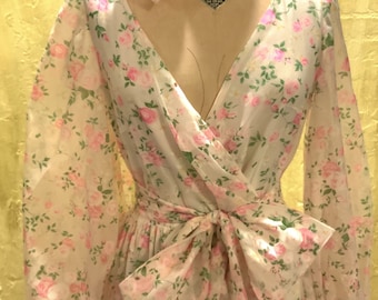 Beautiful Retro Chiffon Pink Roses 70s Floral Maxi Dress